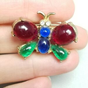 Vintage Coro Butterfly Cabochon Rhinestone Brooch, Gold Tone 1940s Lapel Pin